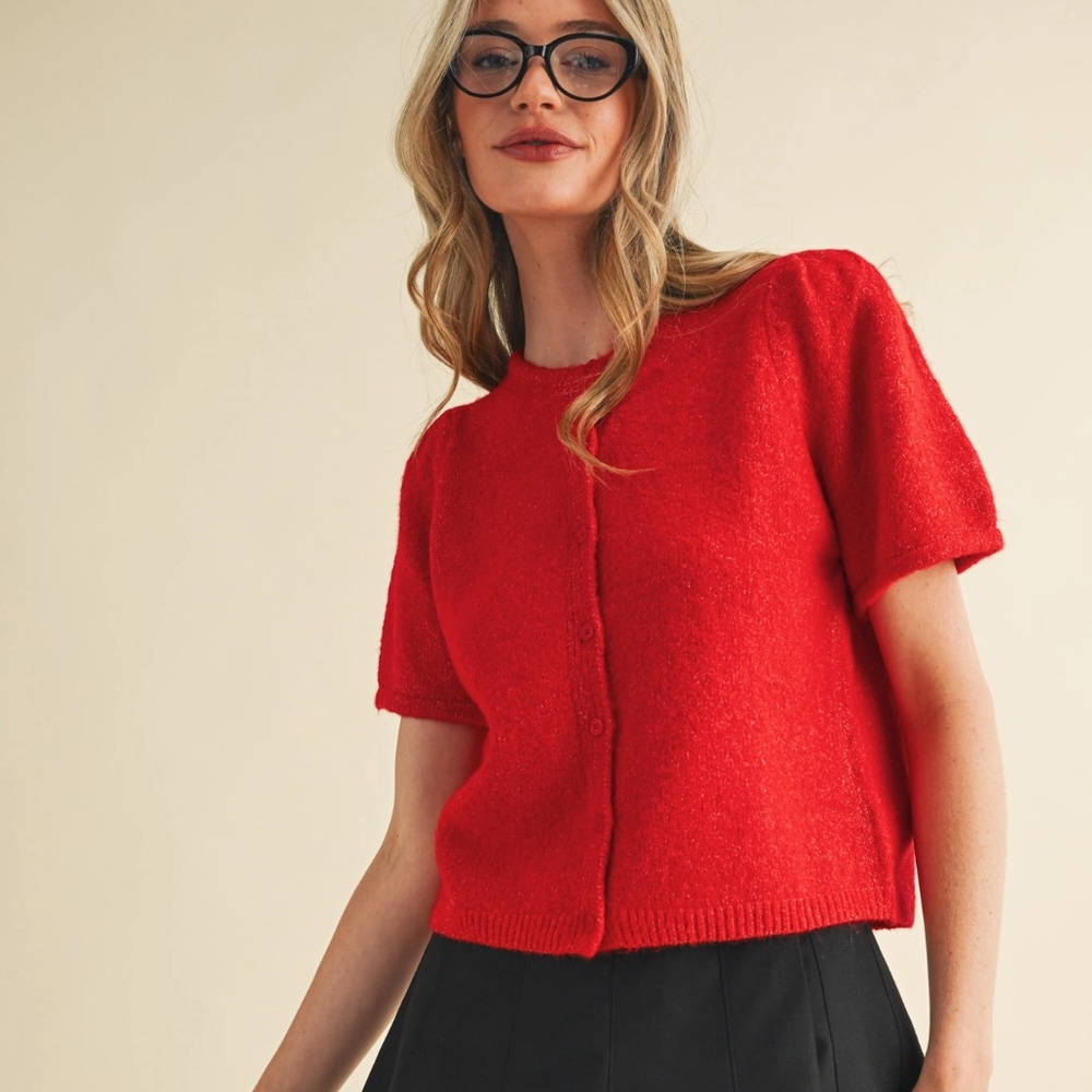 NWT Red Puff Sleeve  Cardigan Sweater